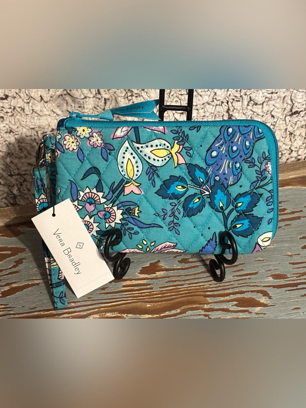 NWT Vera Bradley Turquoise Quilted RFID Slim Wristlet/Wallet - “Peacock Garden”